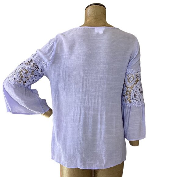 Fyve BOHO Lagenlook Top Bell Sleeve Crochet Accent Sz M Purple 253G - Picture 5 of 8